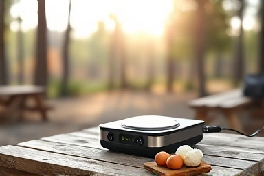 Compact camping induction cooker with meal ingredients on a picnic table.